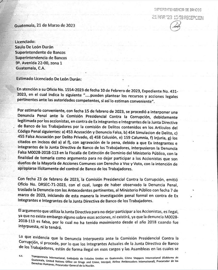 Copia de la carta enviada por los accionistas marginados de la Asamblea General a la Superintendencia de Bancos (SIB). Foto: No-Ficción/ConCriterio.
