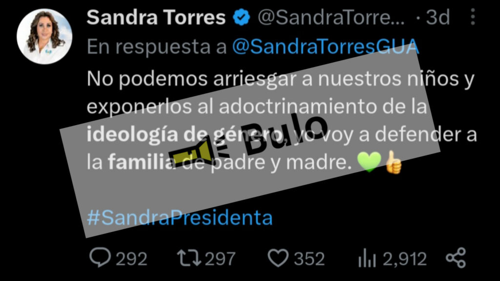 La presidenciable Sandra Torres también se pronunció respecto a la ideología de género en sus redes, así como la defensa de la familia. Foto: Twitter Sandra Torres