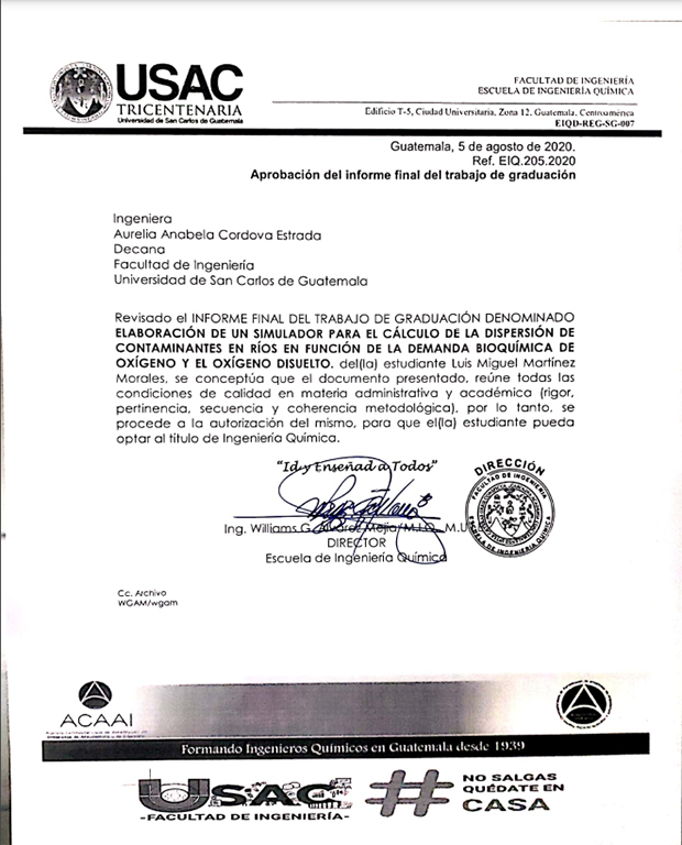 Carta firmada por William Álvarez, director de la Escuela de Ingeniería Química, que aprueba el trabajo de graduación de Miguel Martínez. / USAC