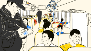Ilustración sobre un autobús en Chiquimula, Guatemala, lleno de migrantes venezolanos. Ilustración: Diego Orellana