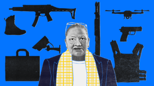 Ilustración de Consuelo Porras, fiscal general de Guatemala, rodeada de armas. Ilustración: Diego Orellana.