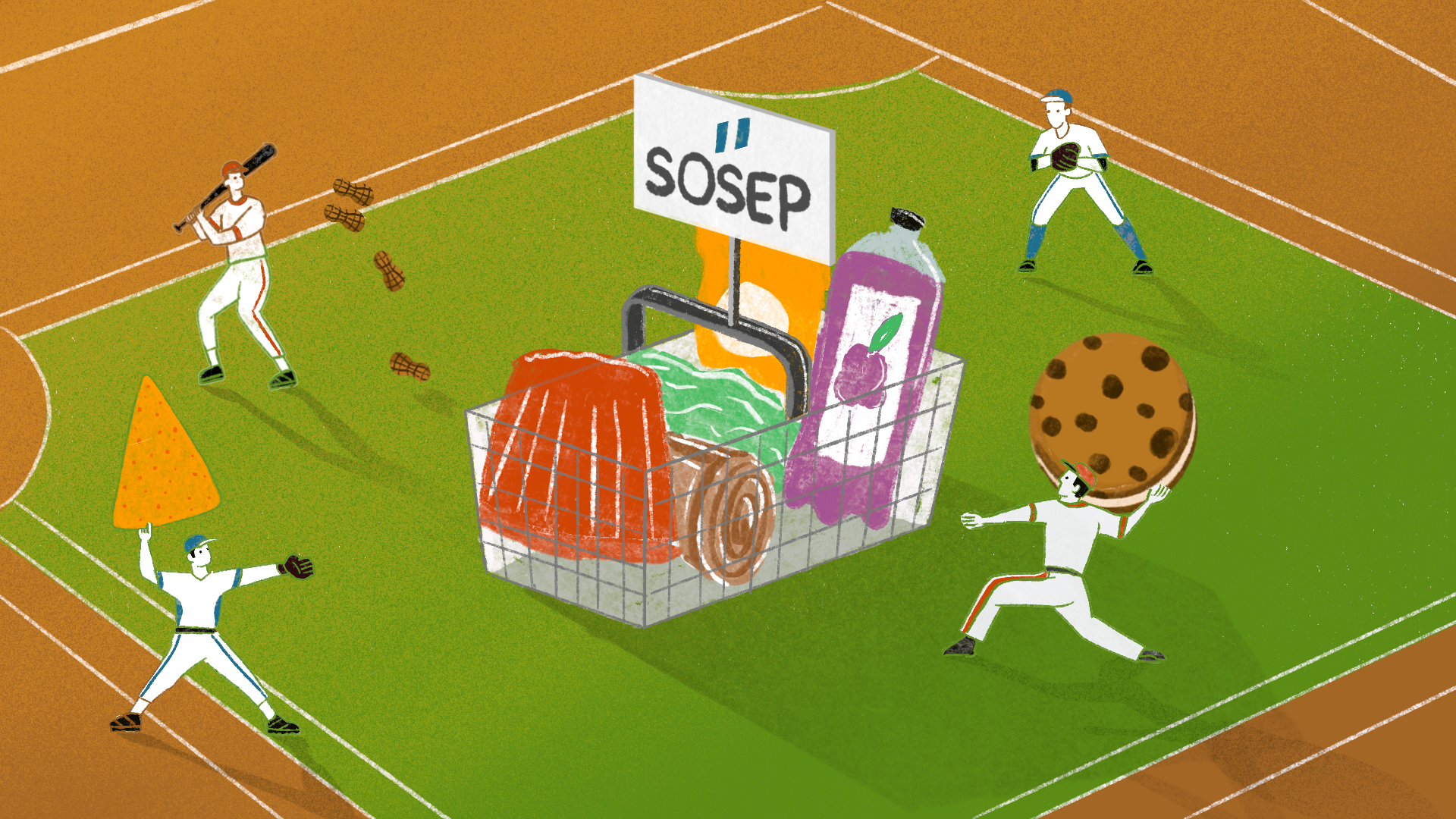 Ilustración sobre red de sofbol que provee de insumos sobrevalorados a la SOSEP. Ilustración: Diego Orellana