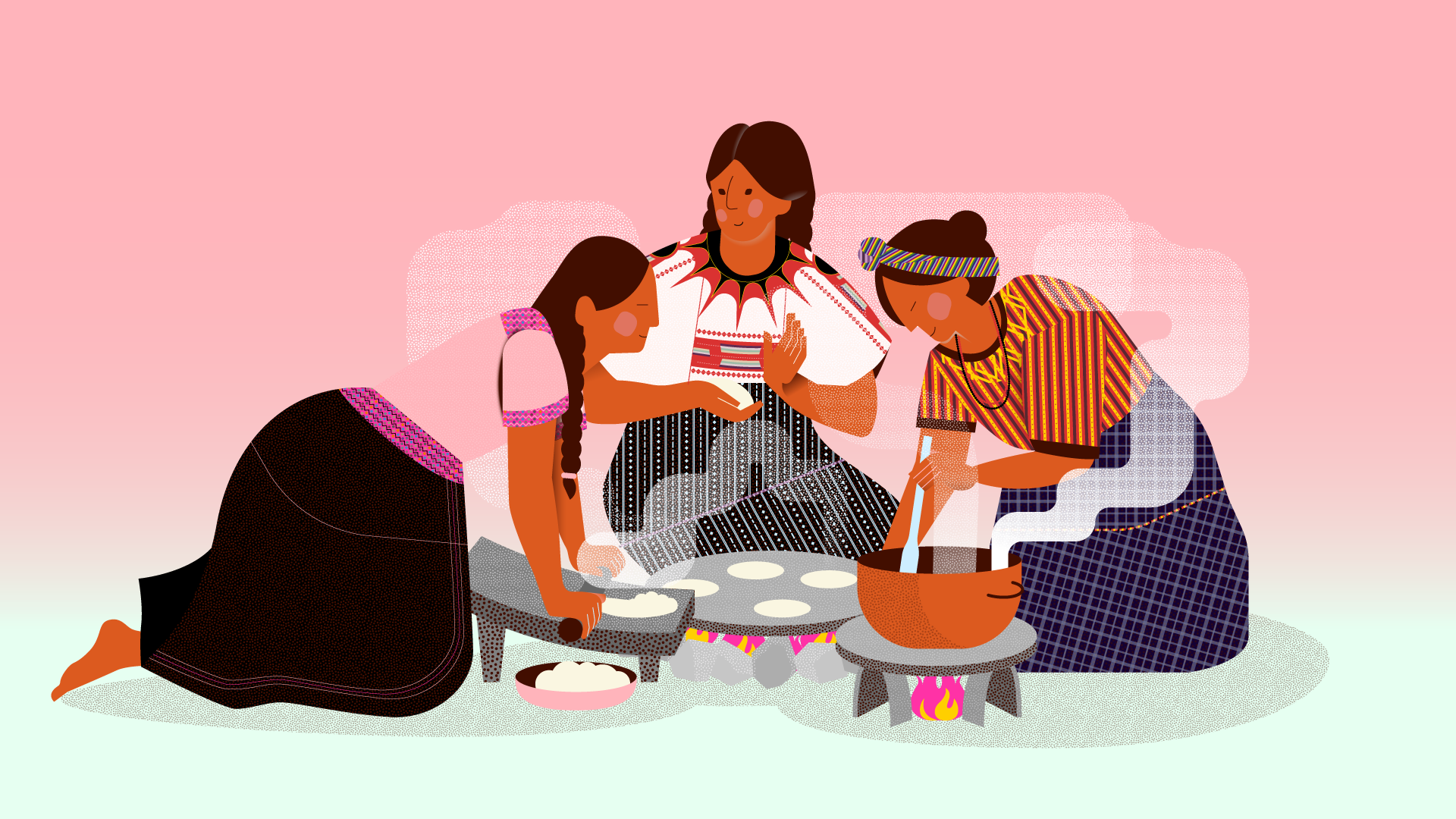 Ilustración de mujeres mayas cocinando para podcast sobre cocina maya y su importancia política cotidiana. Por Diego Orellana.